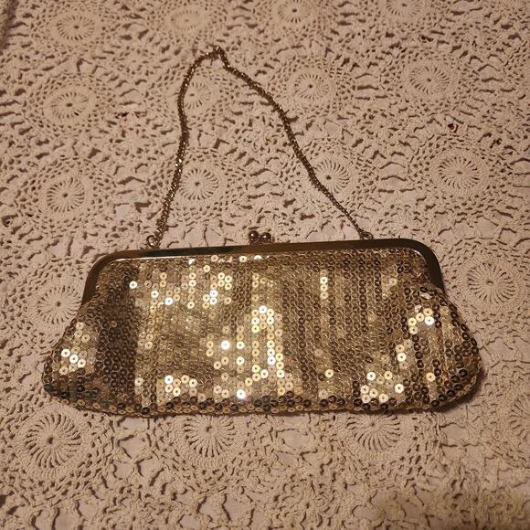 Ann Taylor Loft Metallic Sequined Gold Purse Clutch Evening Bag Holiday Party - Picture 7 of 9